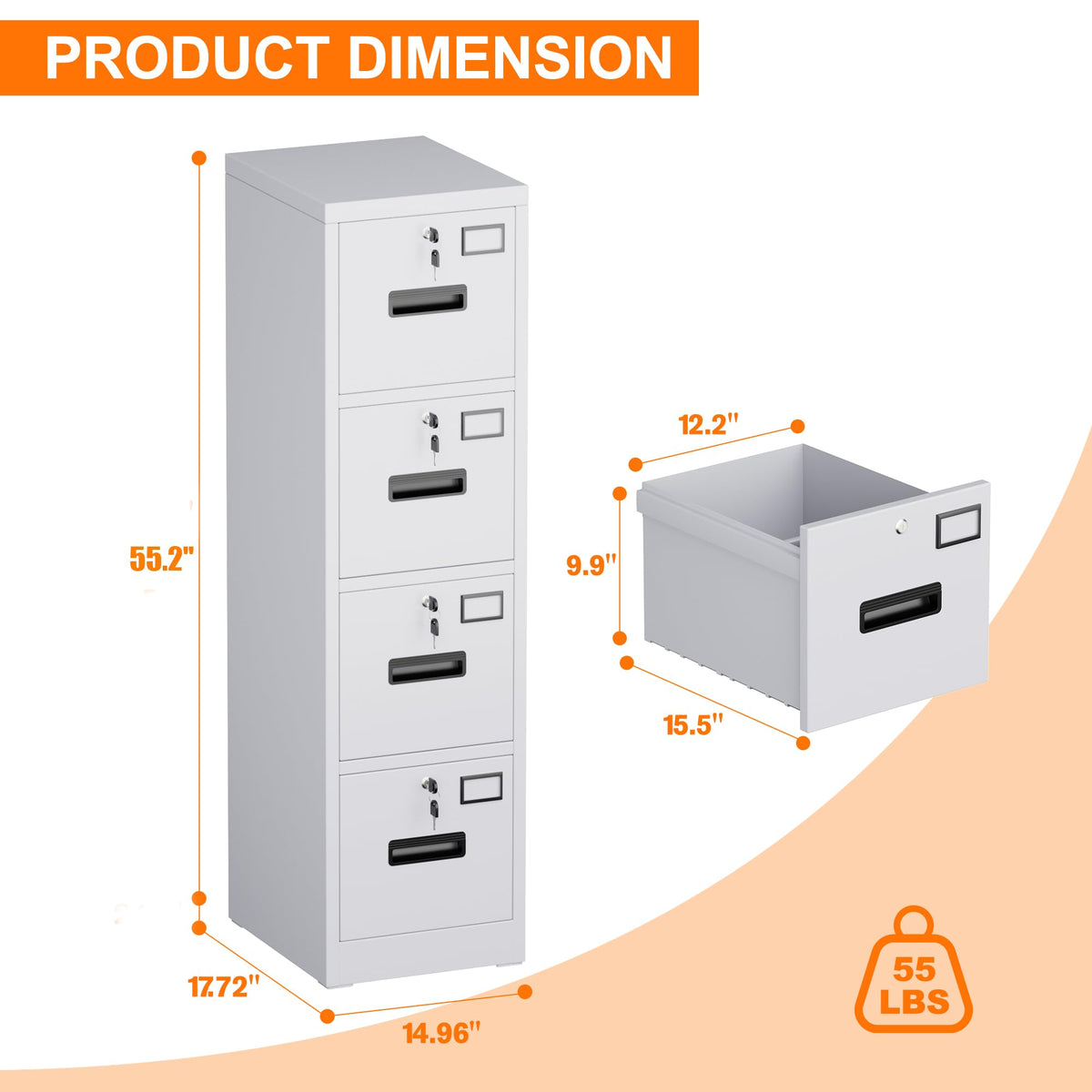 4 Drawer White Metal File Cabinet with Lock V6957