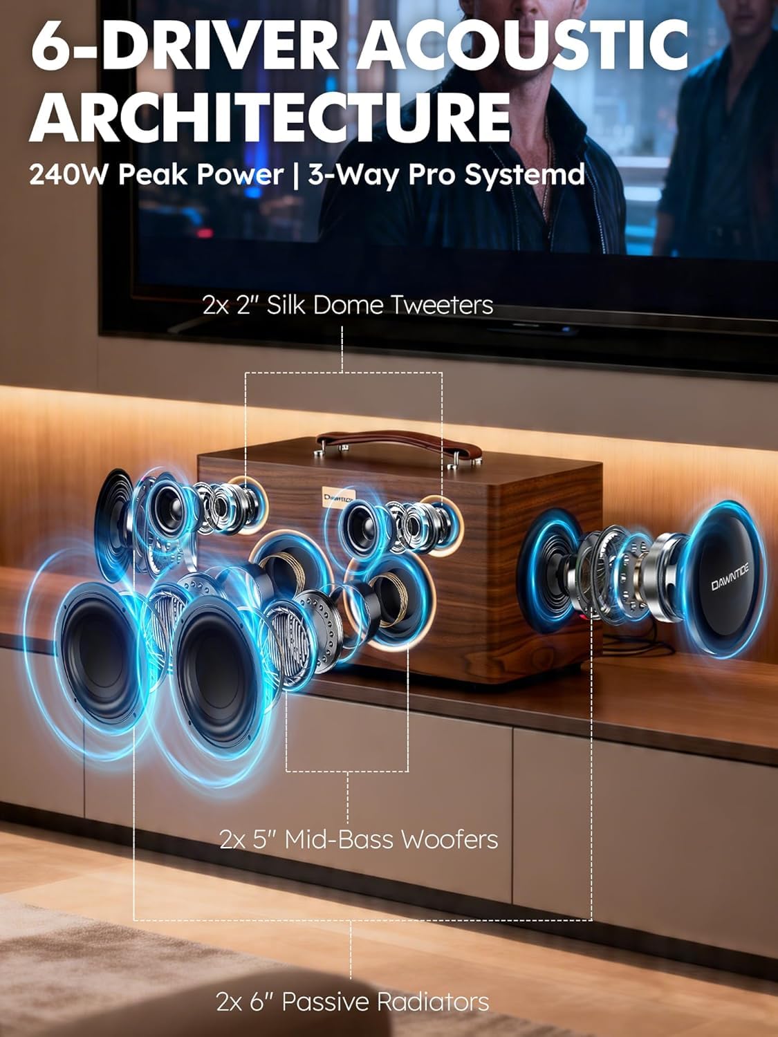 Portable Bluetooth Speaker 240W Peak Power Wooden Audio System N802489