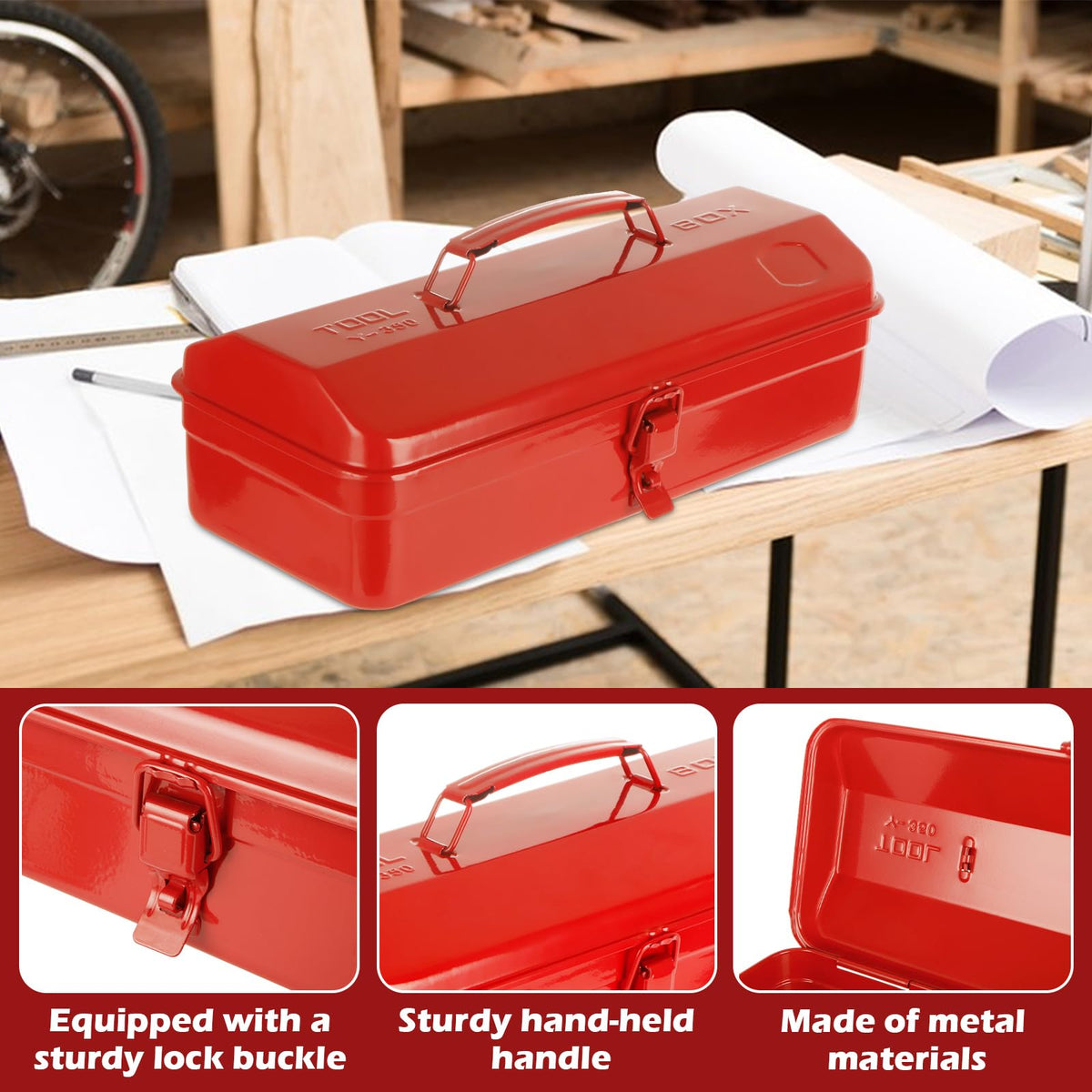 14 Inch Red Metal Tool Box with Latch and Handle O747