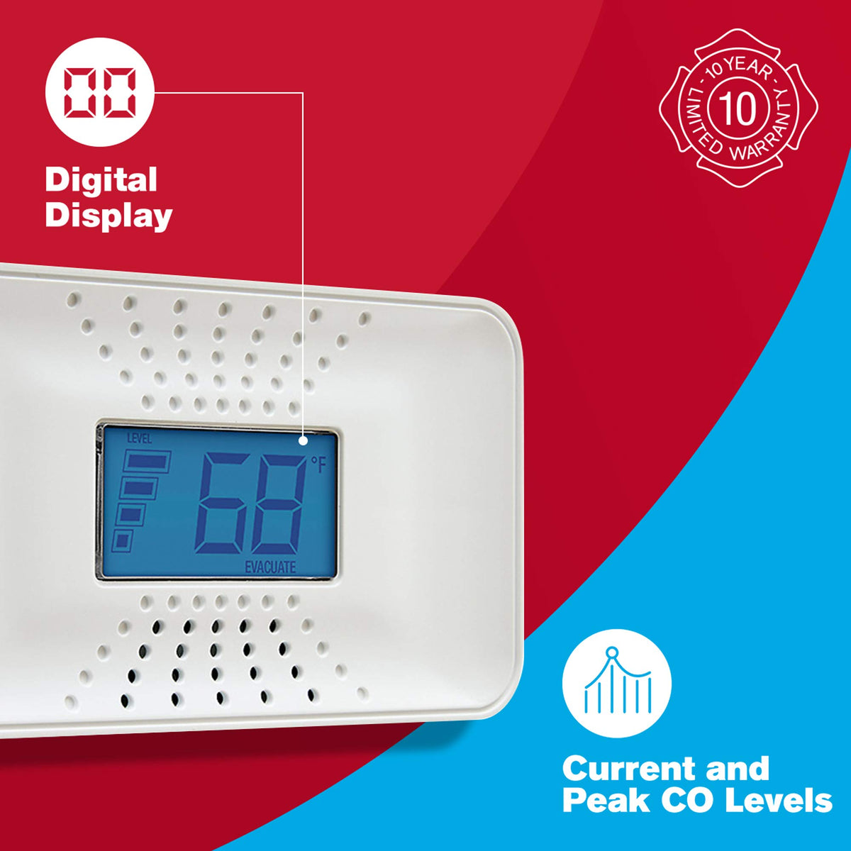 10-Year Battery Carbon Monoxide Alarm with Digital Display V6245