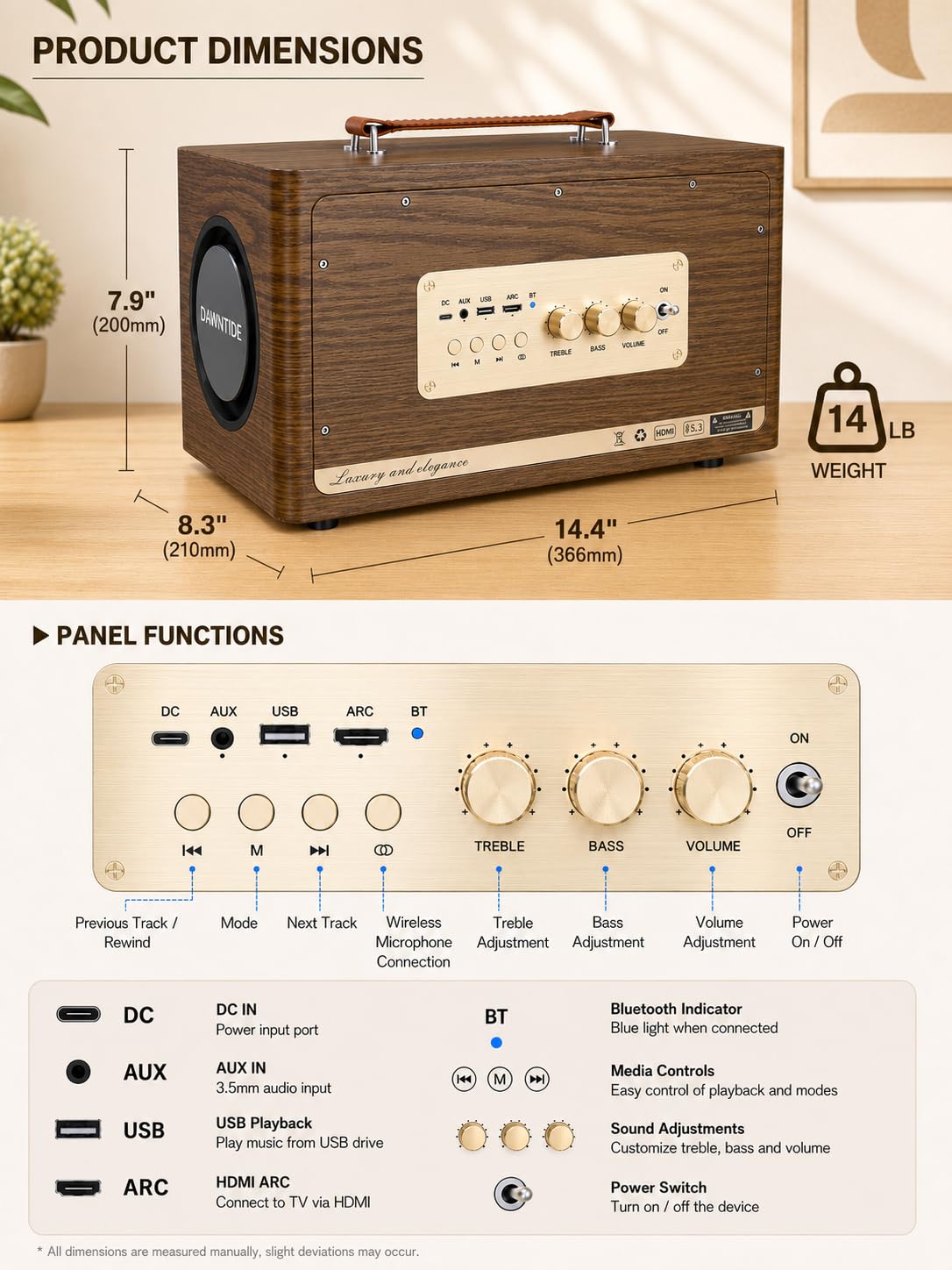 Portable Bluetooth Speaker 240W Peak Power Wooden Audio System N802489