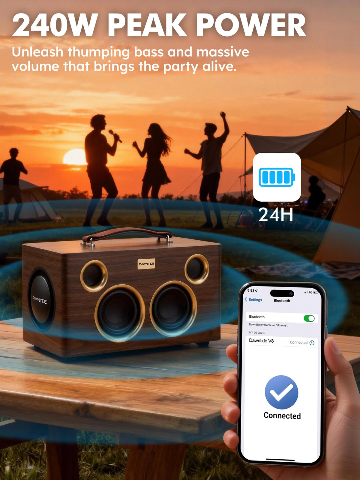 Portable Bluetooth Speaker 240W Peak Power Wooden Audio System N802489