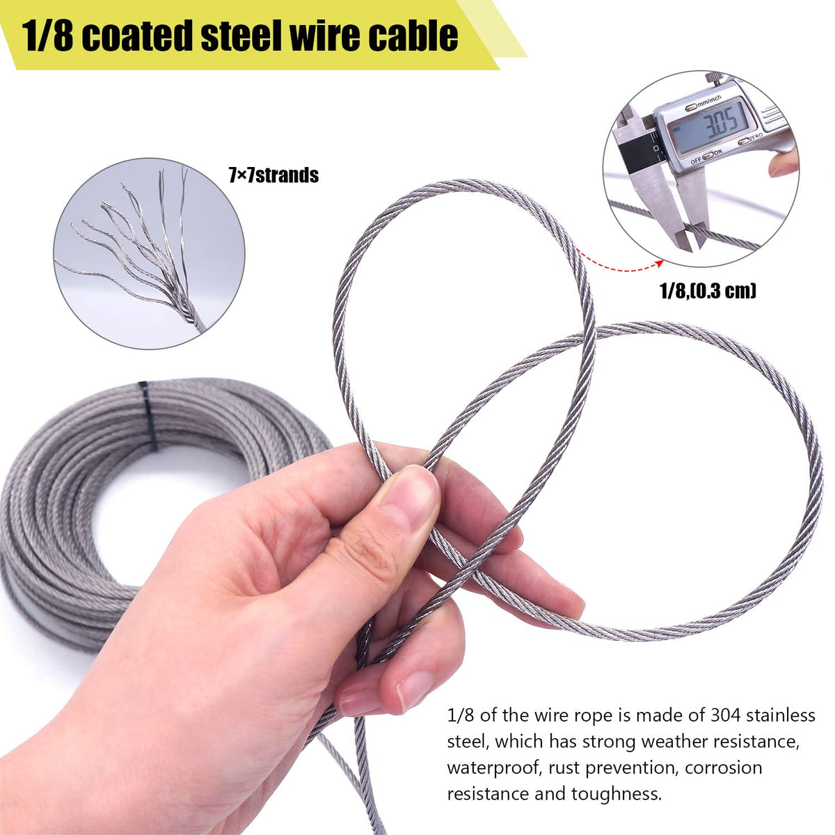 1/8" T316 Stainless Steel Cable Rope 7x7 Wire Rope Y8626