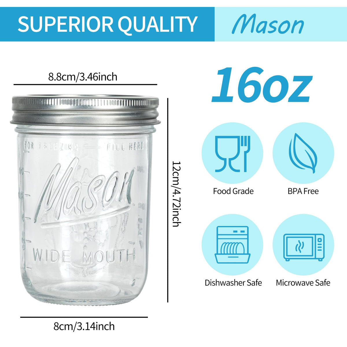 16 oz Wide Mouth Glass Mason Jars with Lids 8 Pack E41985