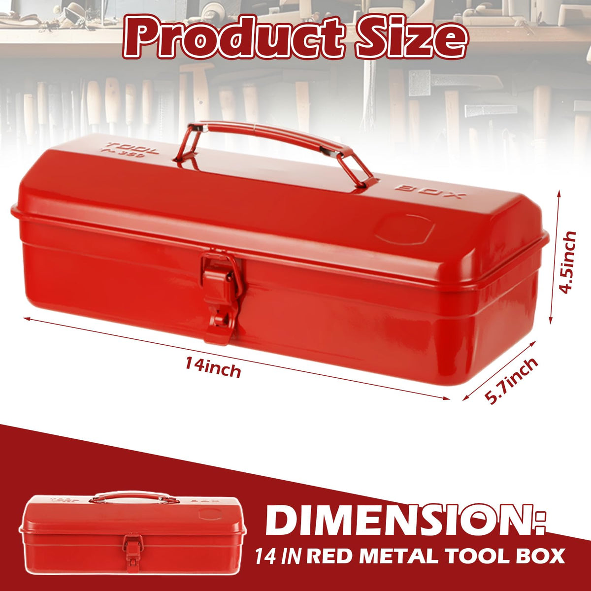 14 Inch Red Metal Tool Box with Latch and Handle O747