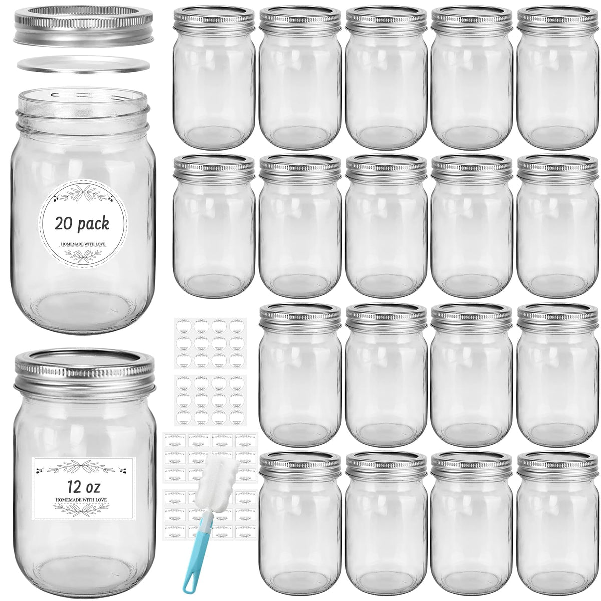 20 Pack 12 oz Clear Glass Mason Jars with Lids E225700