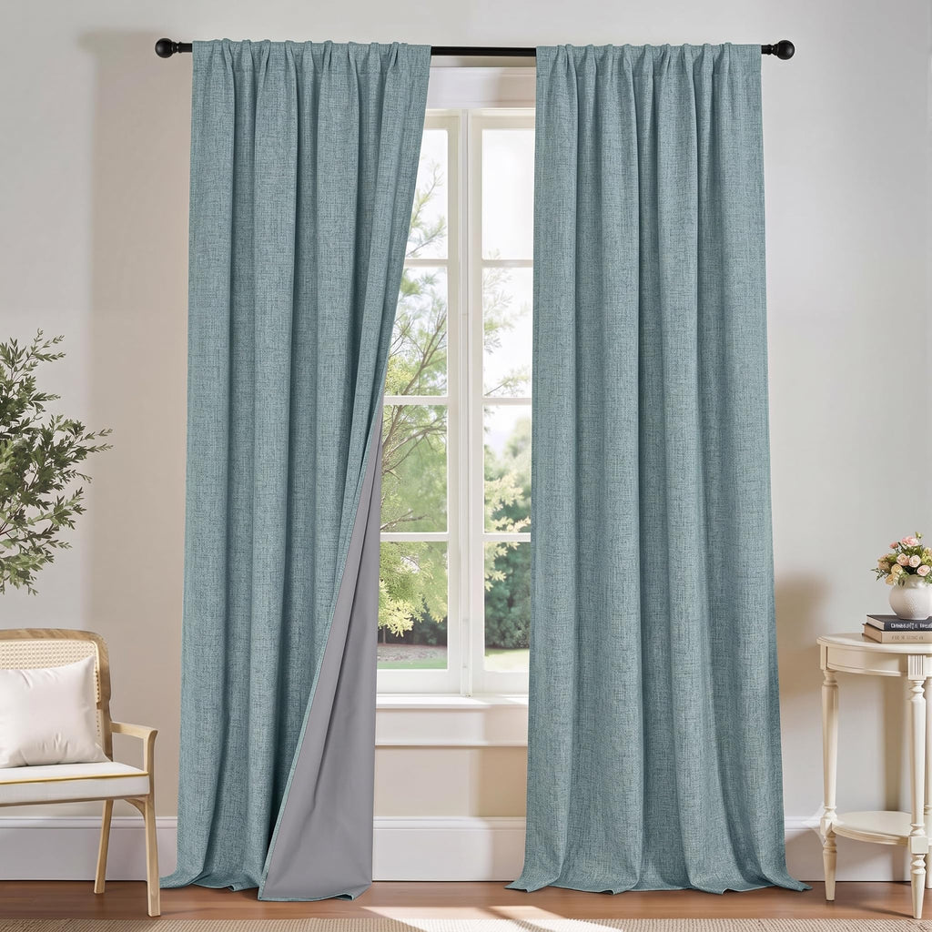 Teal Natural Linen Blackout Curtains 84 inch 2 Panels Set Y86481