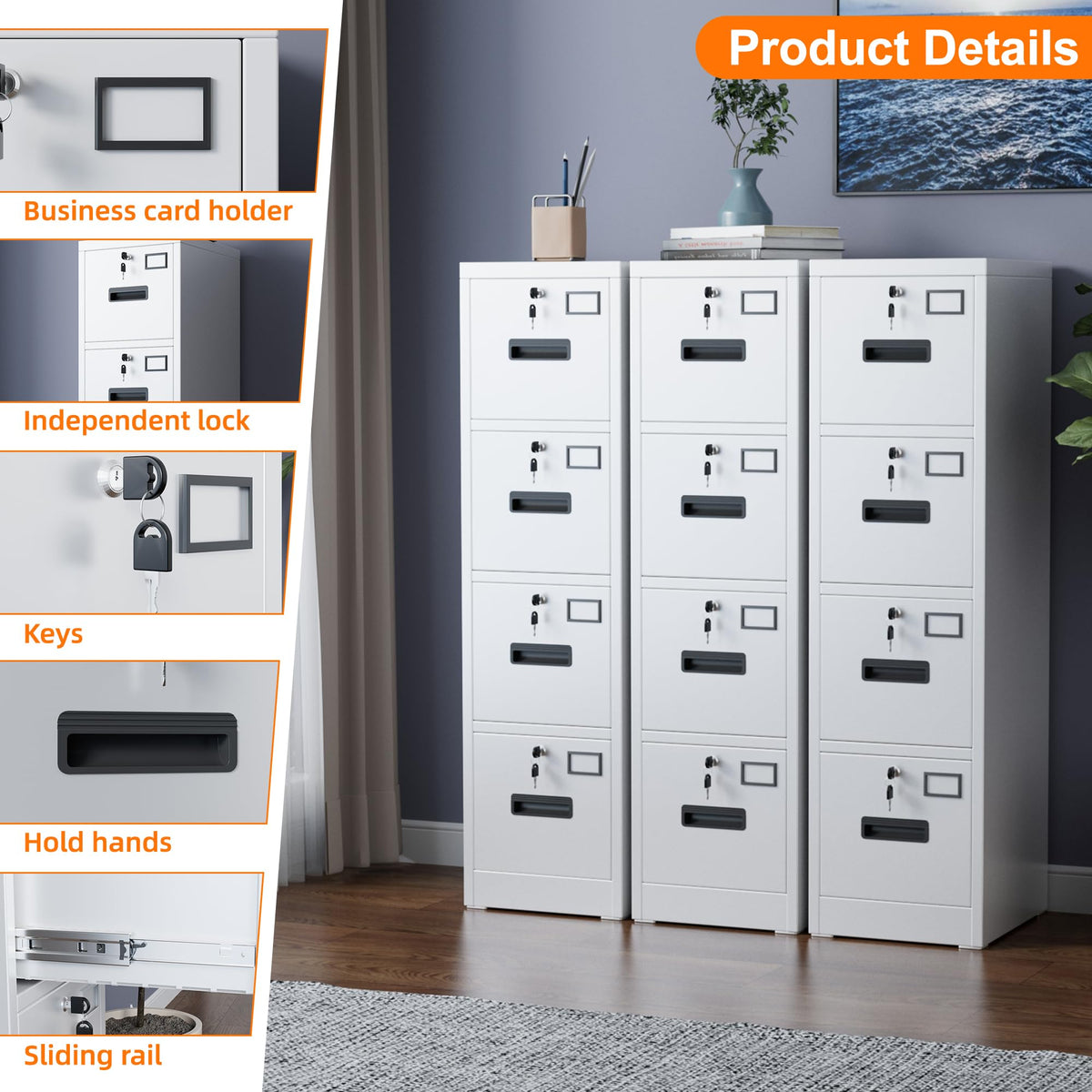 4 Drawer White Metal File Cabinet with Lock V6957