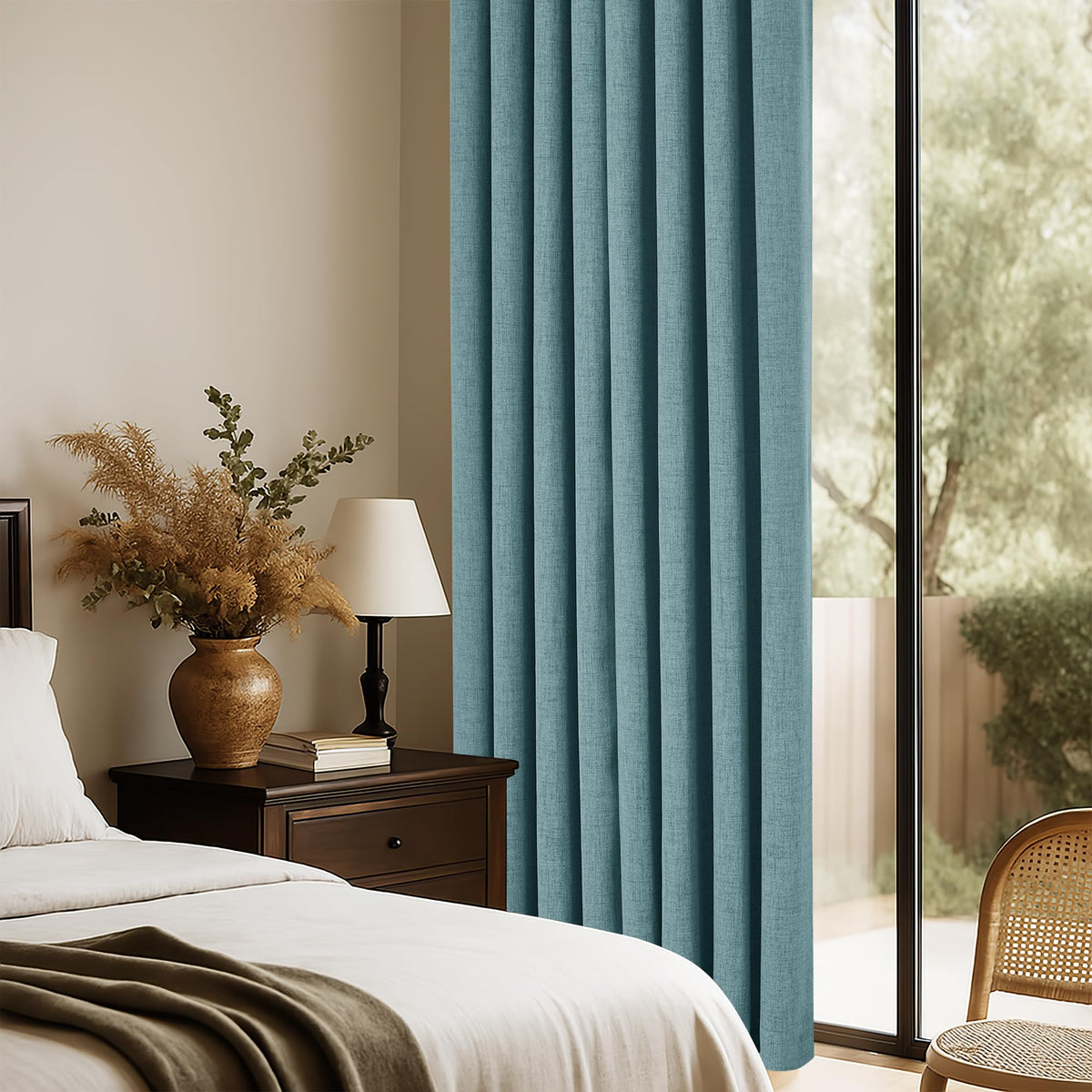Teal Natural Linen Blackout Curtains 84 inch 2 Panels Set Y86481