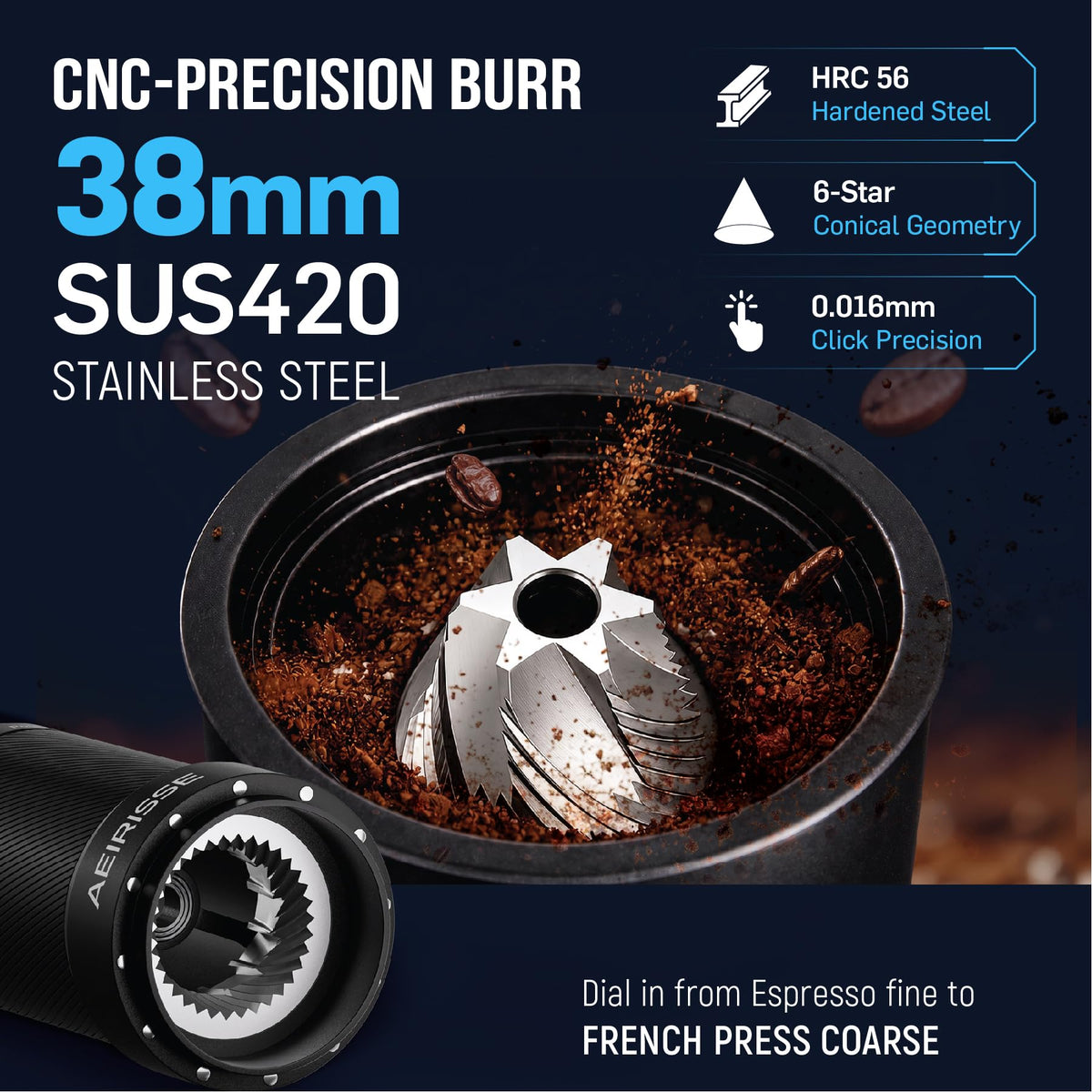 Manual 72-Click Conical Burr Stainless Steel Coffee Grinder N932019