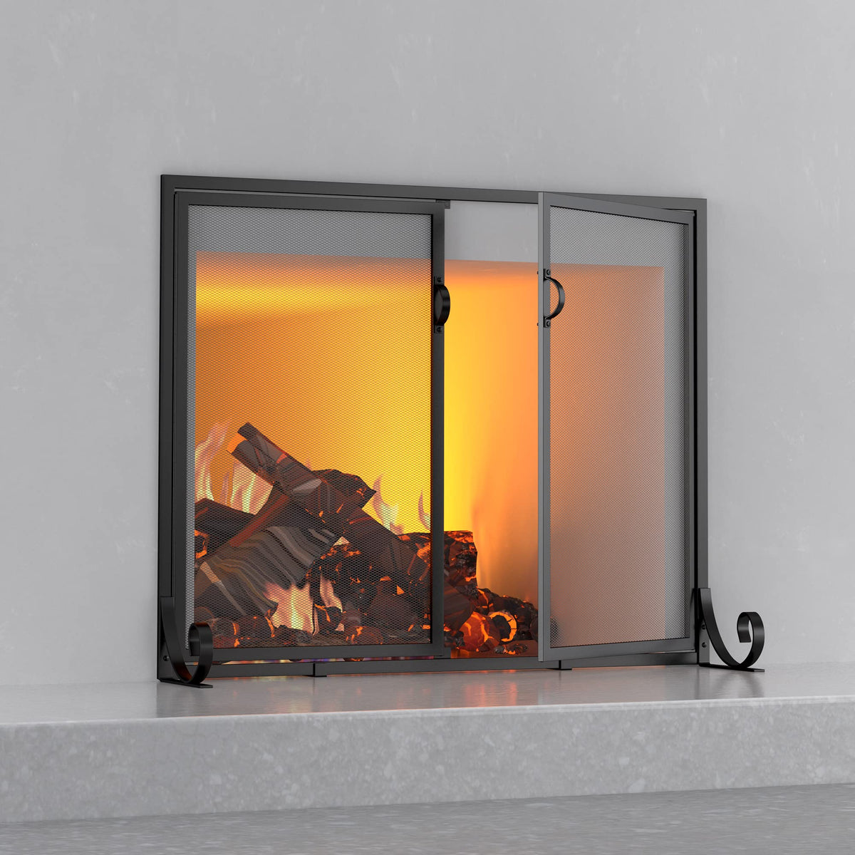 Hinged Double Door Fireplace Mesh Guard D389255