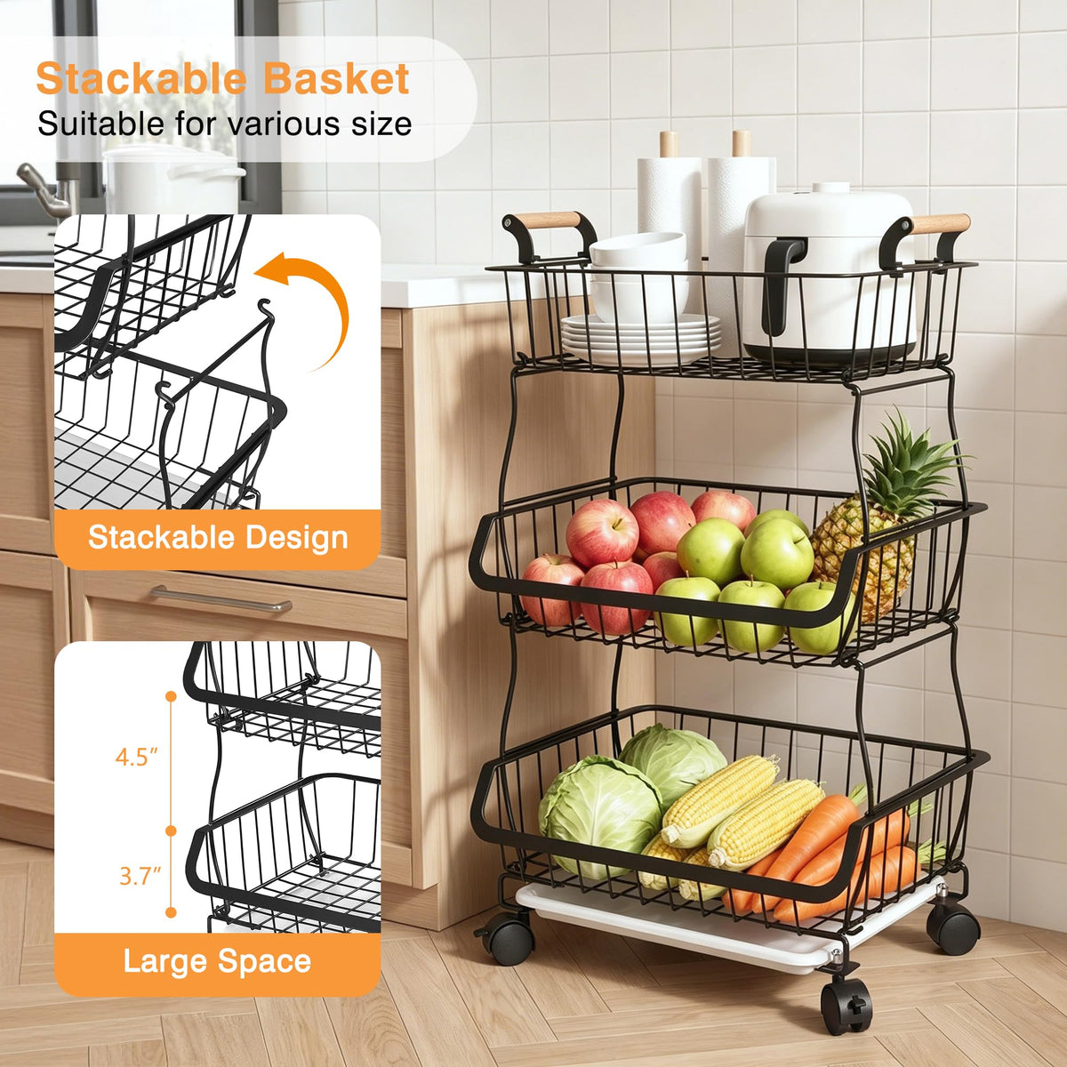 3-Tier Fruit Basket with Wheels F9404