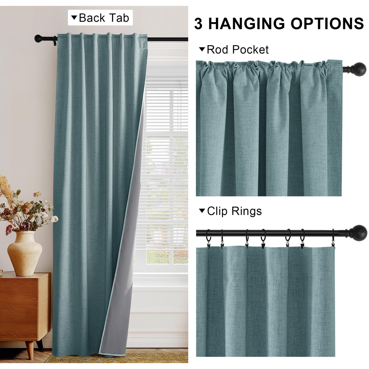 Teal Natural Linen Blackout Curtains 84 inch 2 Panels Set Y86481