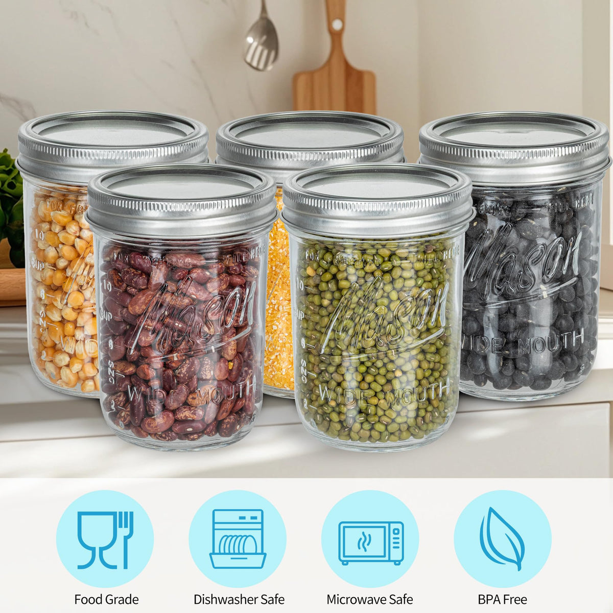 16 oz Wide Mouth Glass Mason Jars with Lids 8 Pack E41985
