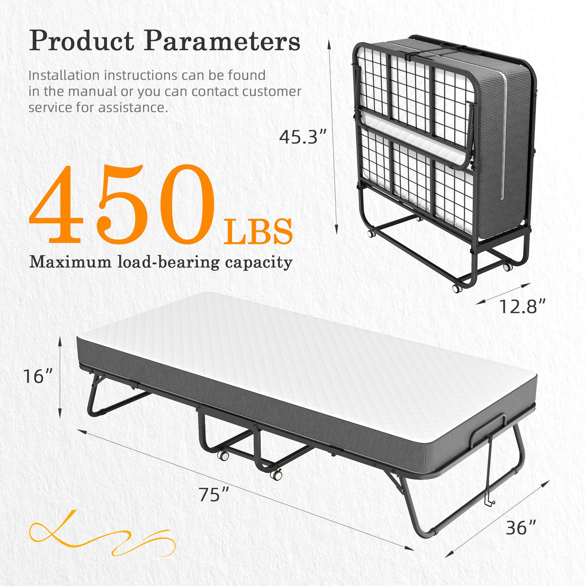 Folding Bed with Mattress 75" x 38" Memory Foam K861