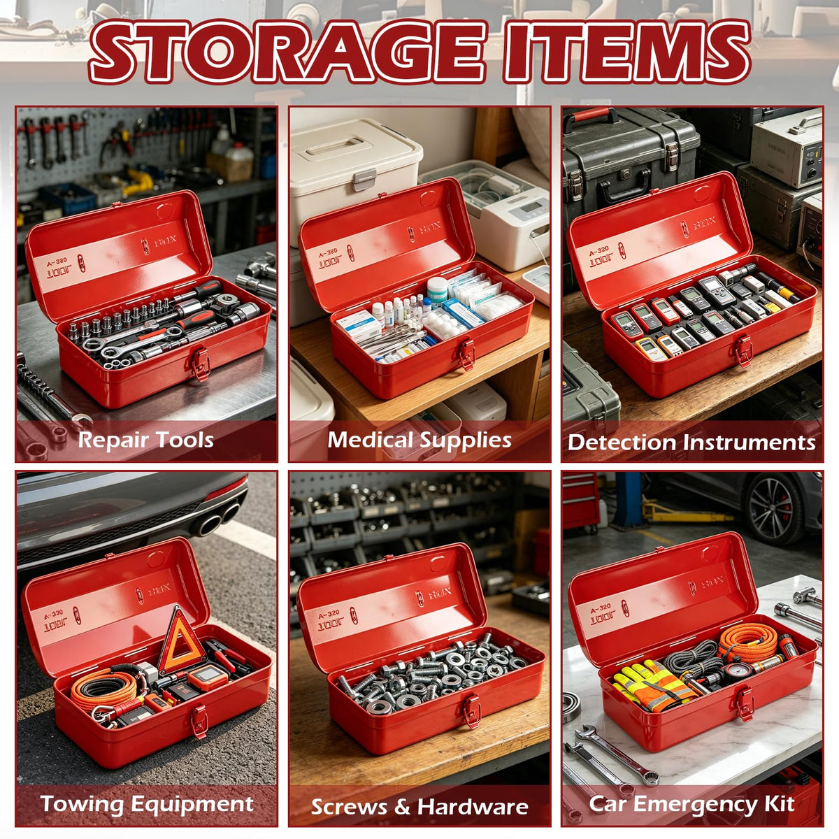 14 Inch Red Metal Tool Box with Latch and Handle O747